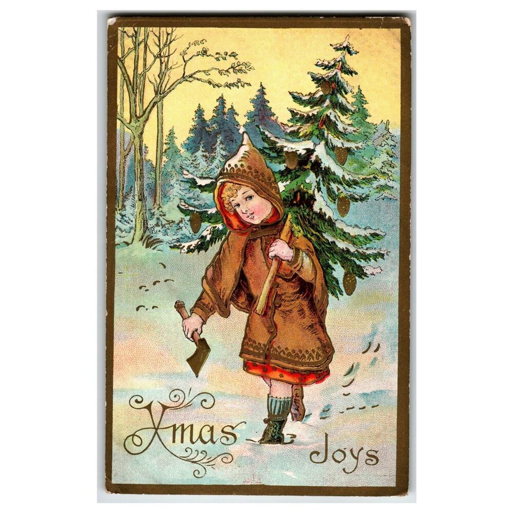 Vintage Xmas Joys Postcard Child Cutting Christmas Tree Embossed Holiday